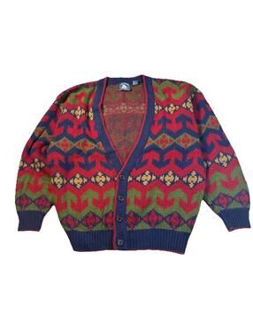 Vintage Atlantic Traders Cardigan Sweater Mens Large Geometric Grandpa Knit 90s